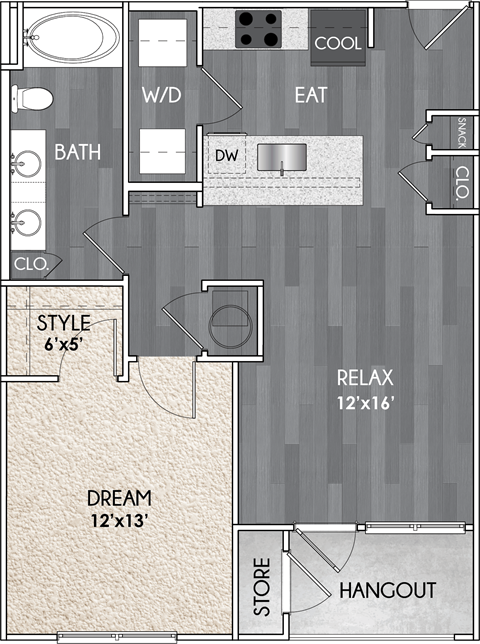 Floor plan for 1 bed, 1 bath, 702 sqft